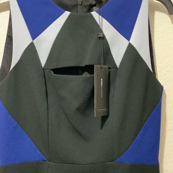 BCBGMaxAzria Geometric Cutout Cocktail Dress Black Blue Sleeveless Tailored 4 - Picture 7 of 14